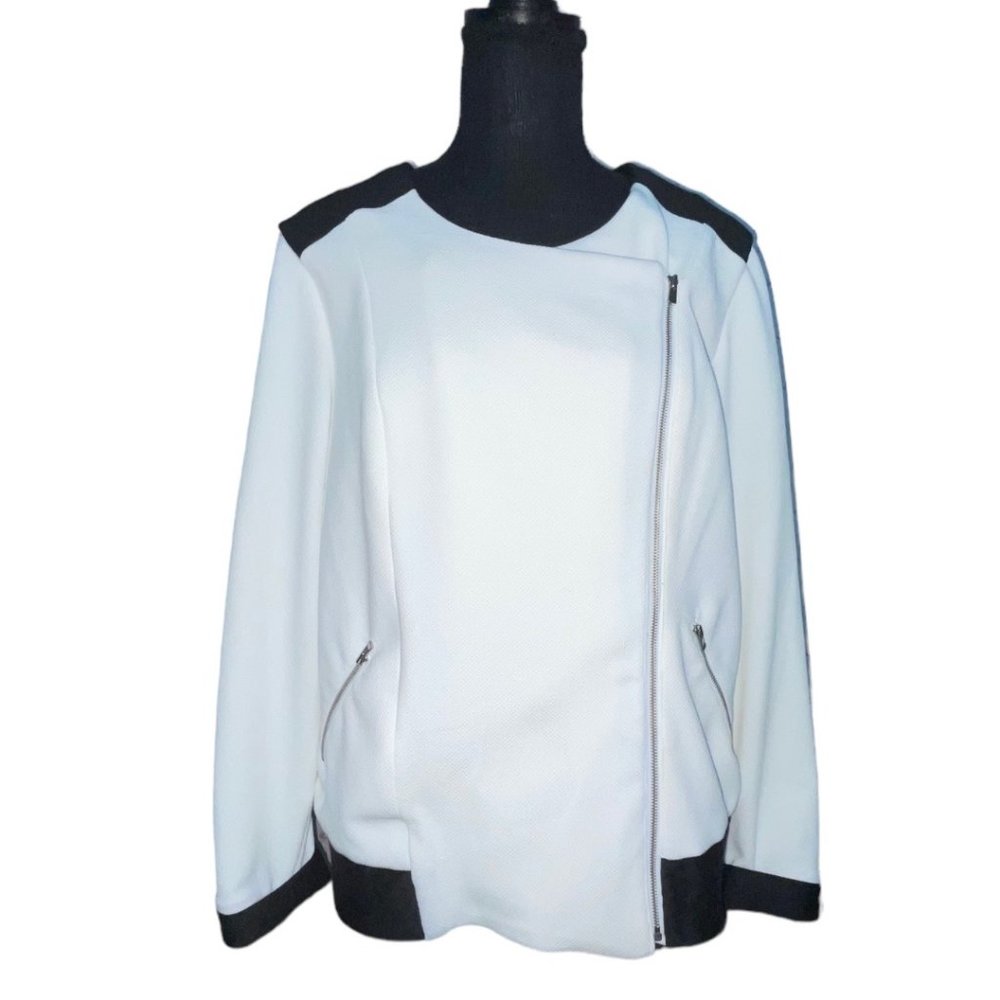 NY Collection Ivory Zip Front Jacket Women’s Colorblock Black Trim Banded Hem - Picture 4 of 4